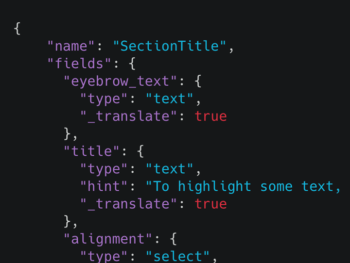CMS schema editor showing structured content type definitions