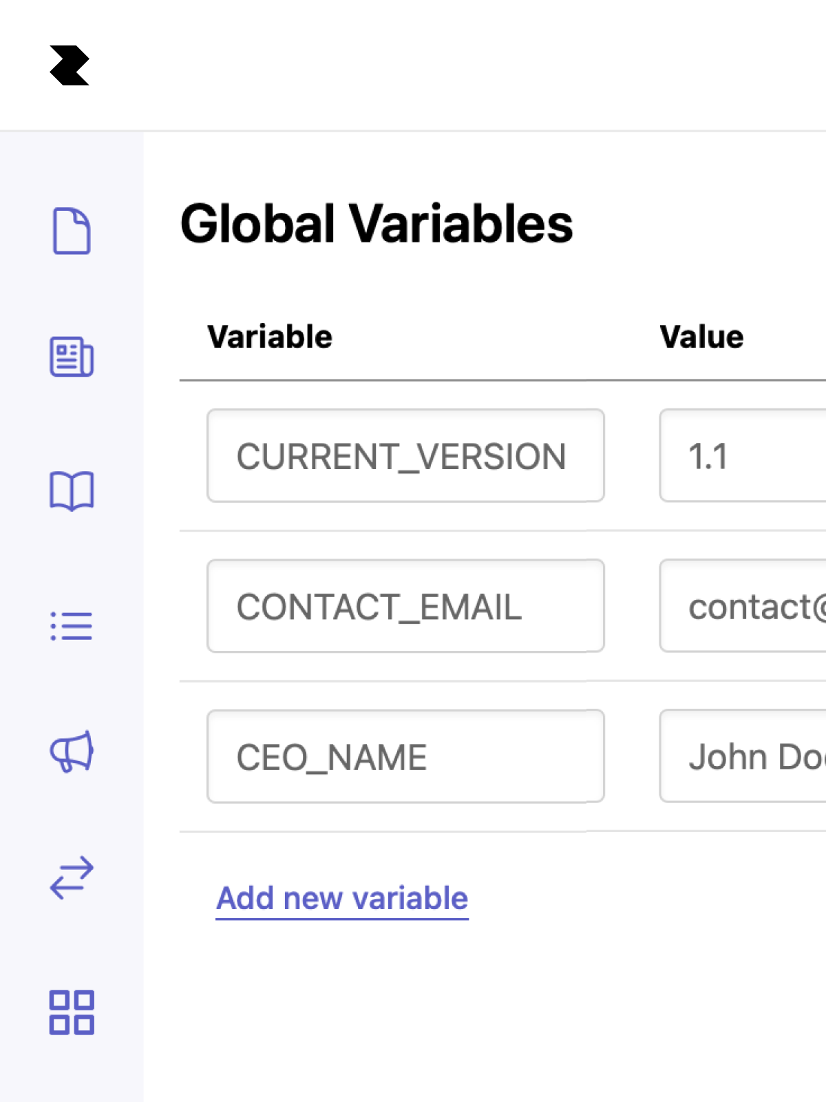 Global content editor showing shared variables and reusable blocks