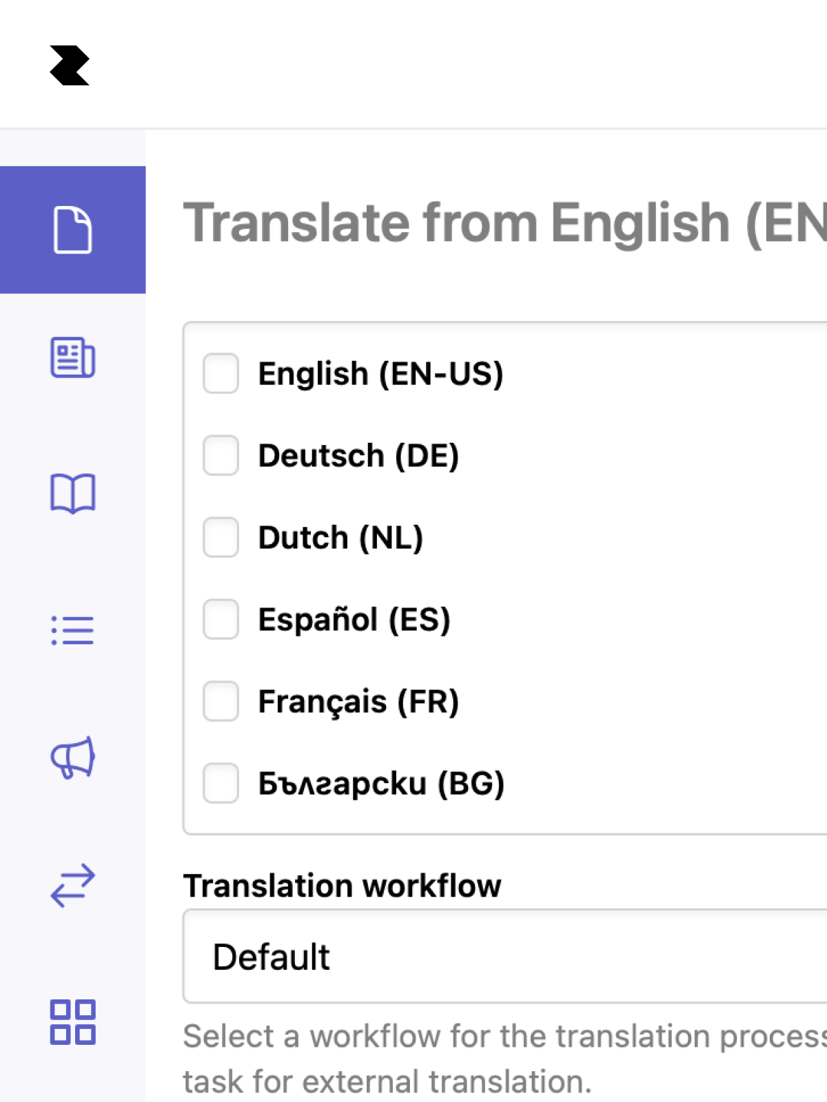 Translation workflow panel showing side-by-side source and translated content