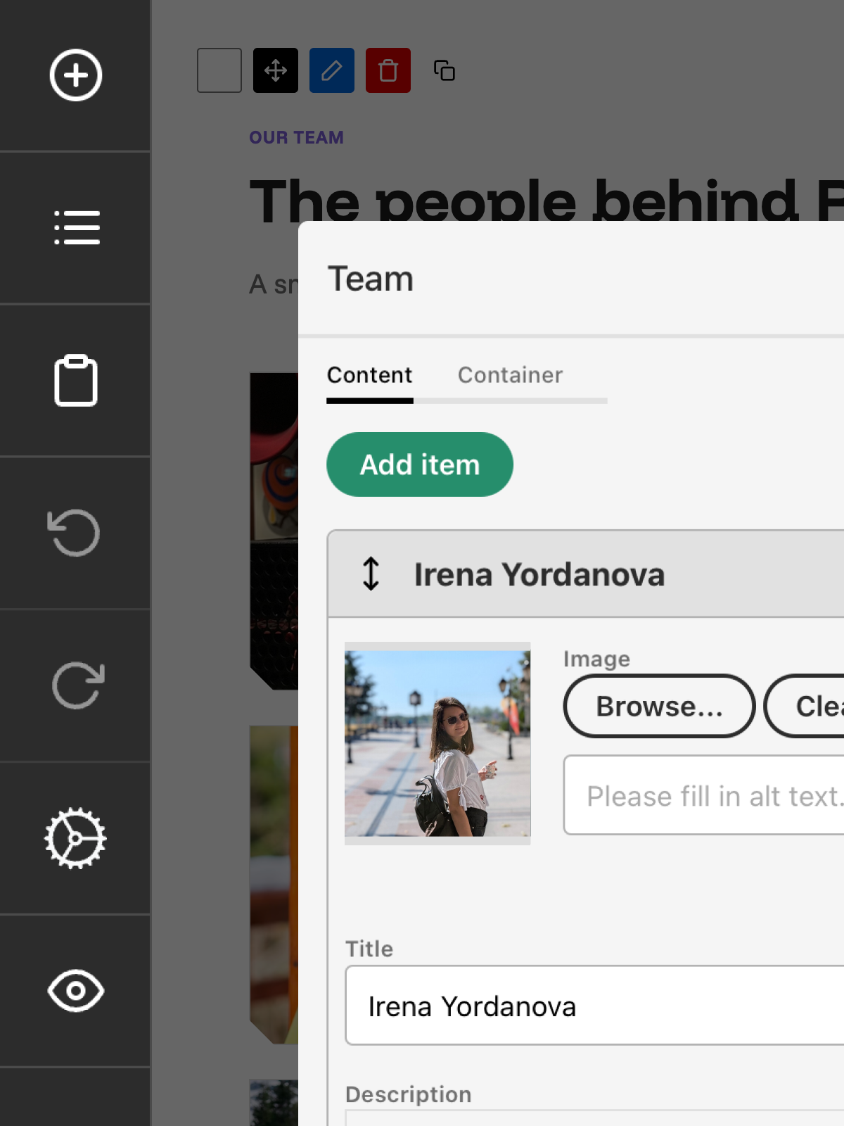 Raketa Cloud visual page builder with drag-and-drop block editing